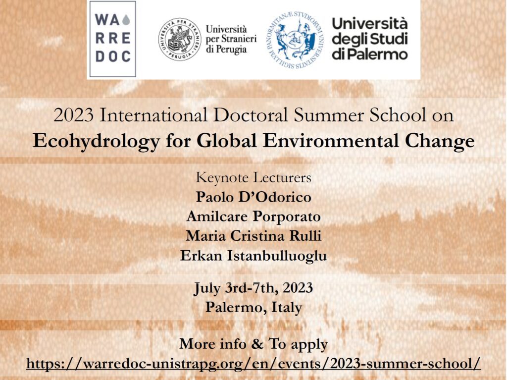 Call to participate to the 2023 Doctoral Summer School “ECOHYDROLOGY AND GLOBAL ENVIRONMENTAL CHANGE” (Palermo, 3-7 july)
